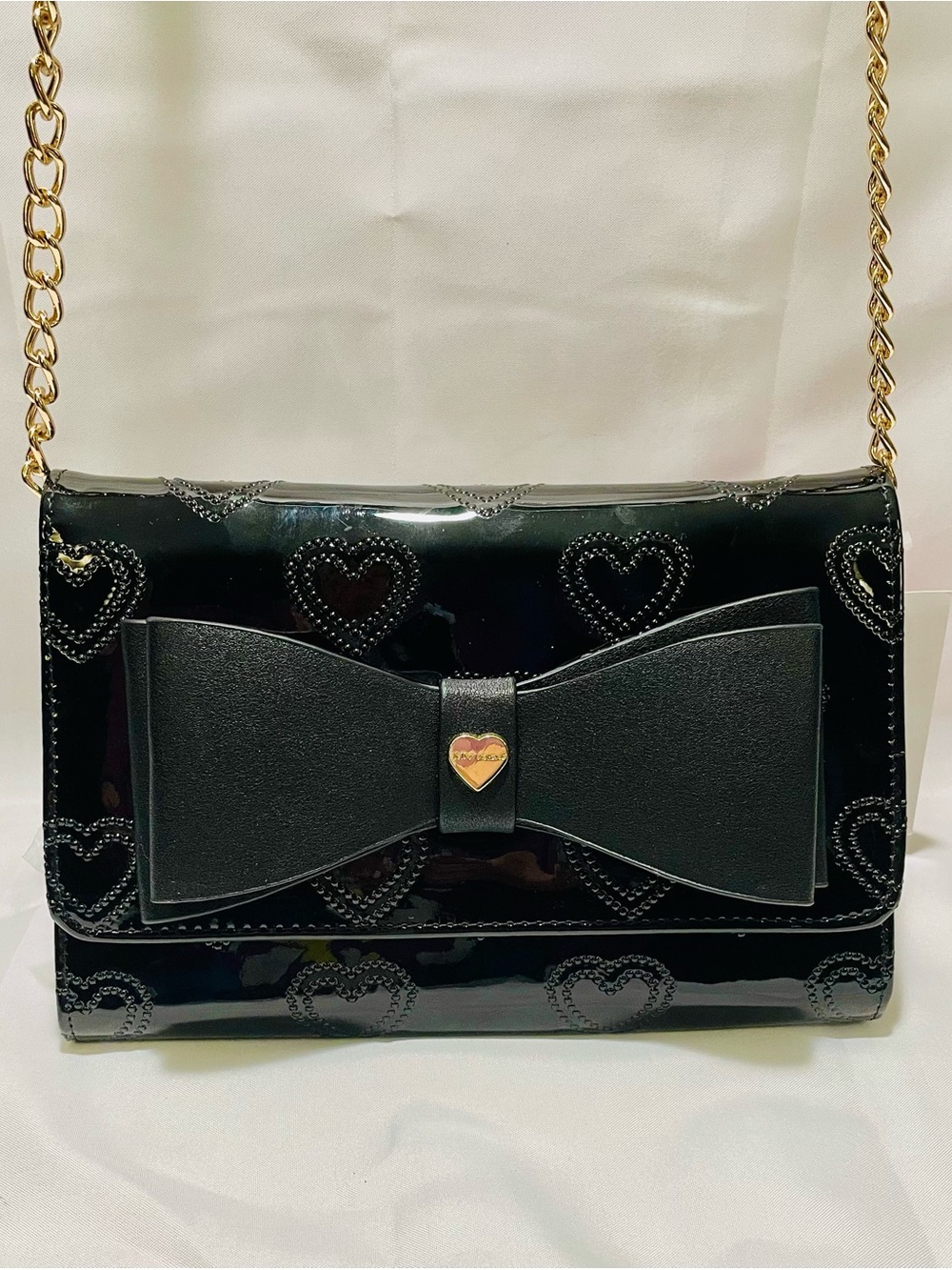 Betsey Johnson Black Patent Embossed Heart Crossbody with Front Bow, NWT